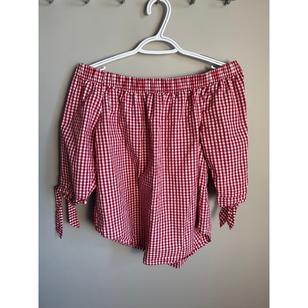 Revamped Womens Red Gingham Off Shoulder Top L Summer Picnic Cottagecore